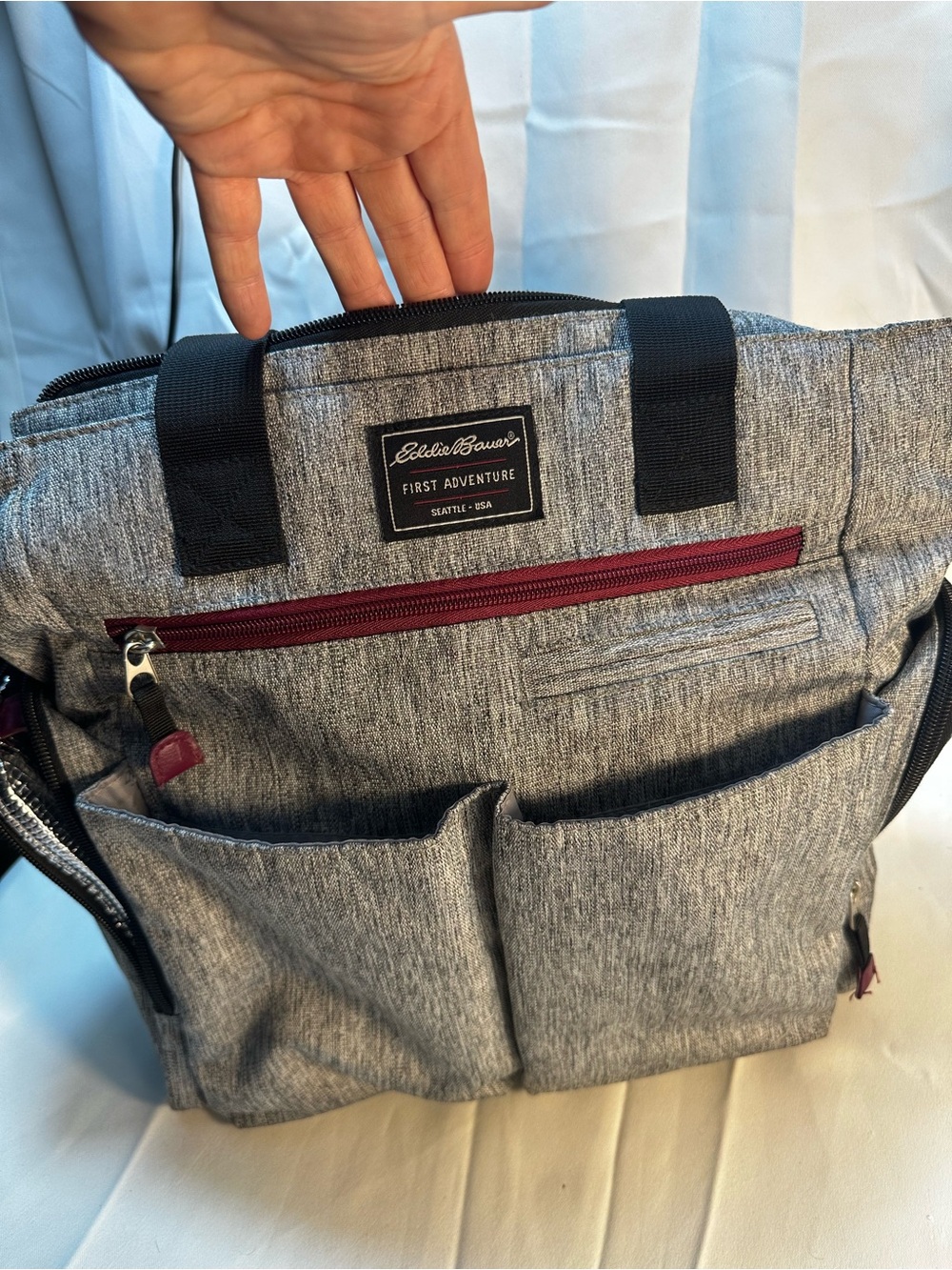Eddie Bauer Gray Diaper Bag with Maroon Accent